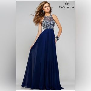 Faviana Glamour Blue Beaded Formal Dress